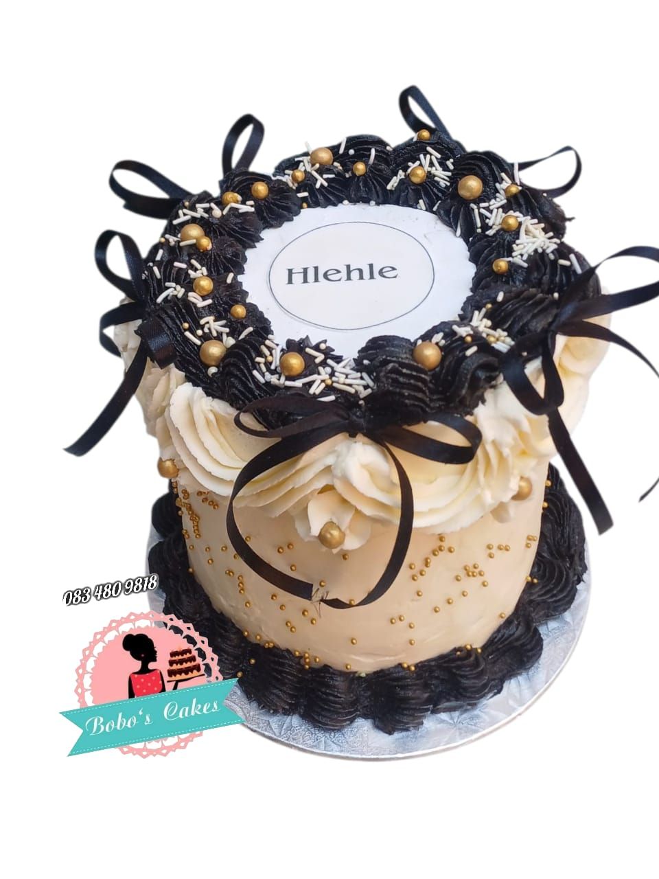 Black & Gold Rosette Cake — baked by Bobo's Cakes & Catering