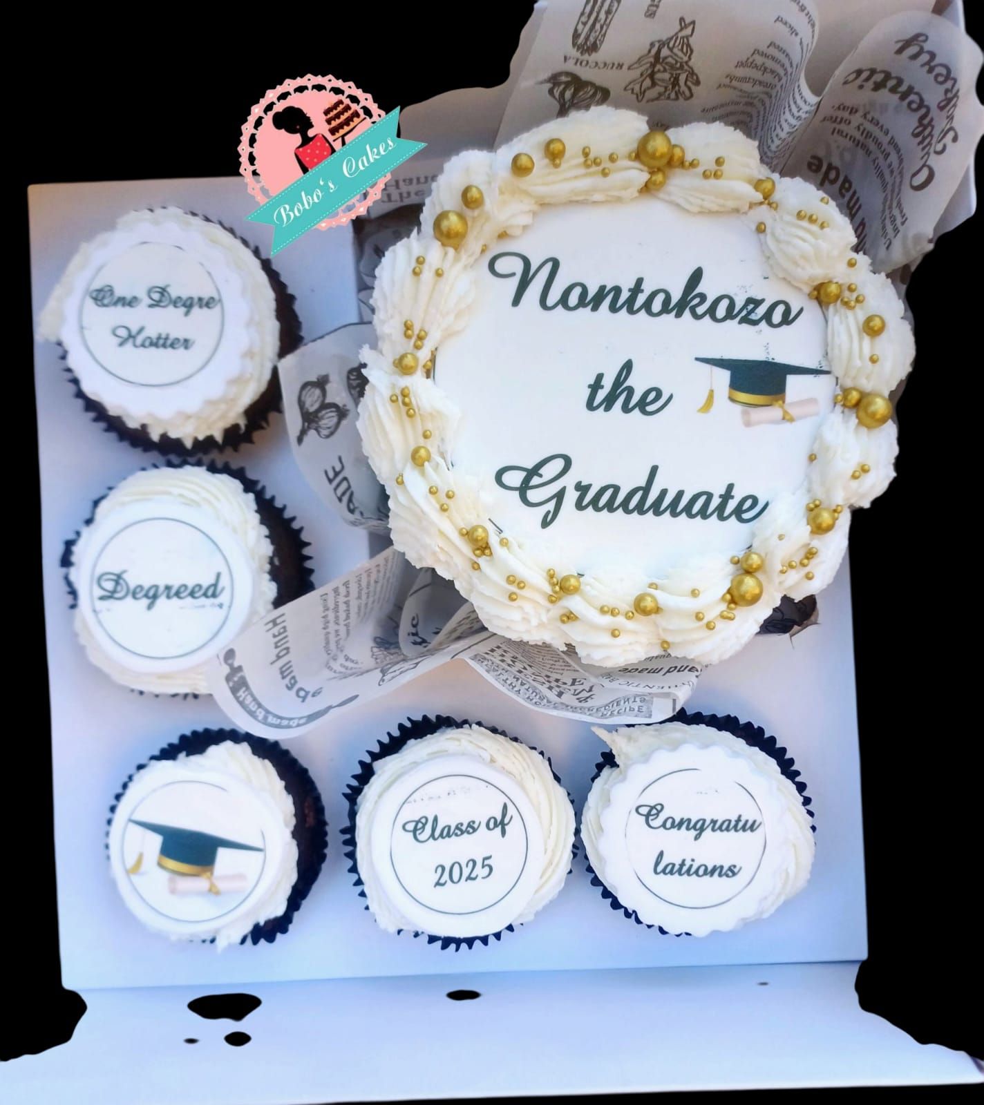 Graduation Cake & Cupcake Box — baked by Bobo's Cakes & Catering