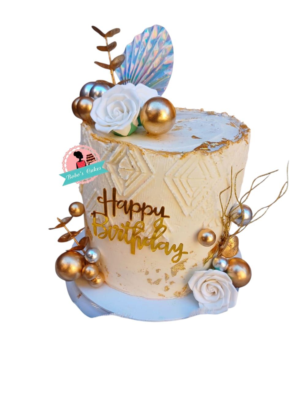 White & Gold Rose Birthday Cake — baked by Bobo's Cakes & Catering