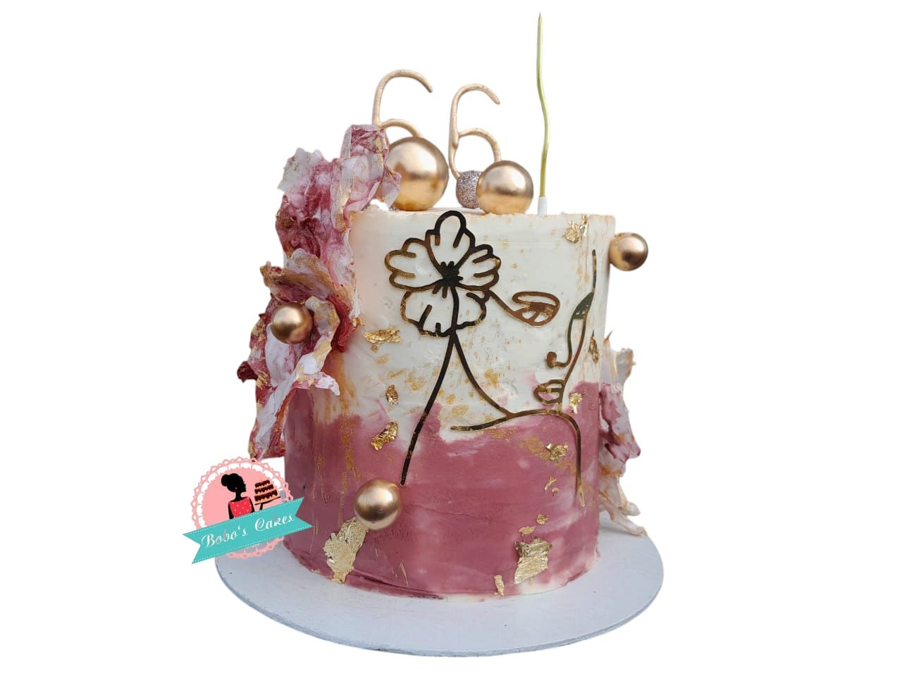 Rose & Gold 66th Line-Art Cake — baked by Bobo's Cakes & Catering