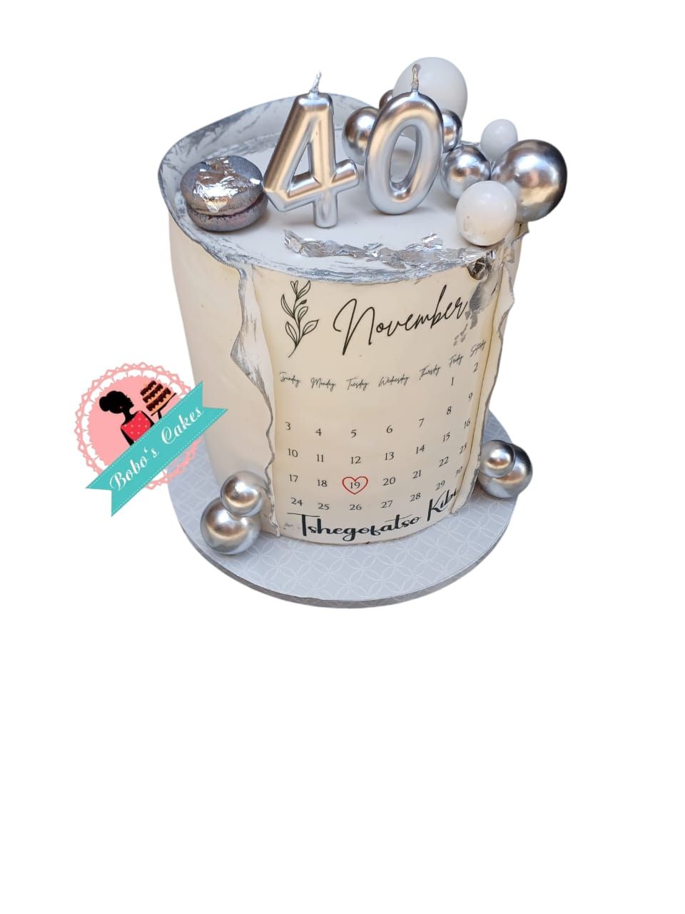 Silver 40th Calendar Cake — baked by Bobo's Cakes & Catering