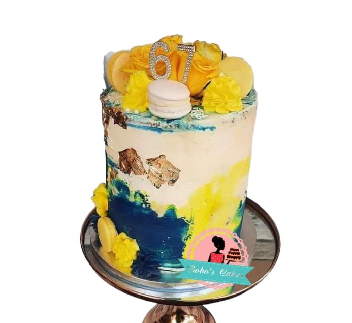 Blue & Gold 67th Macaron Cake — baked by Bobo's Cakes & Catering