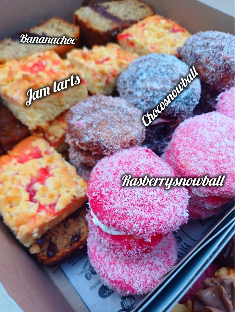 Snowballs, Jam Tarts & Bananachoc — baked by Bobo's Cakes & Catering