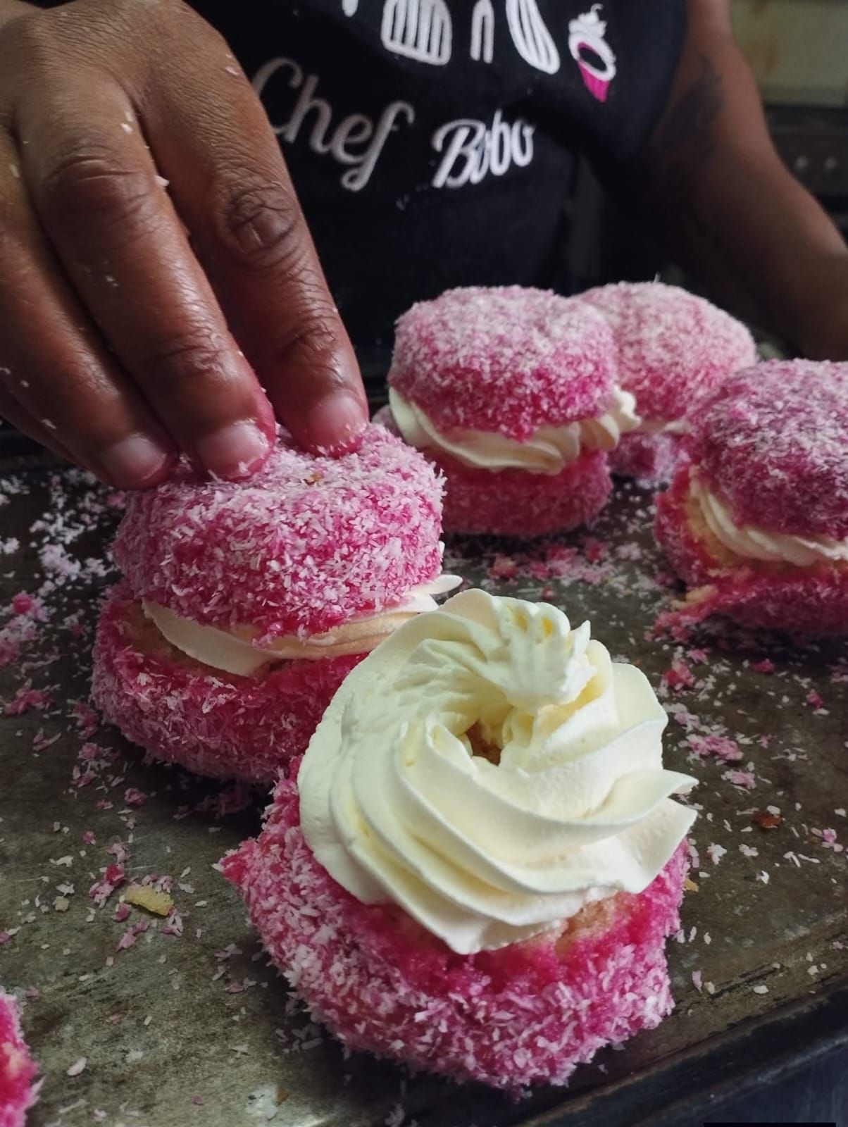 Raspberry Snowballs with Cream — baked by Bobo's Cakes & Catering