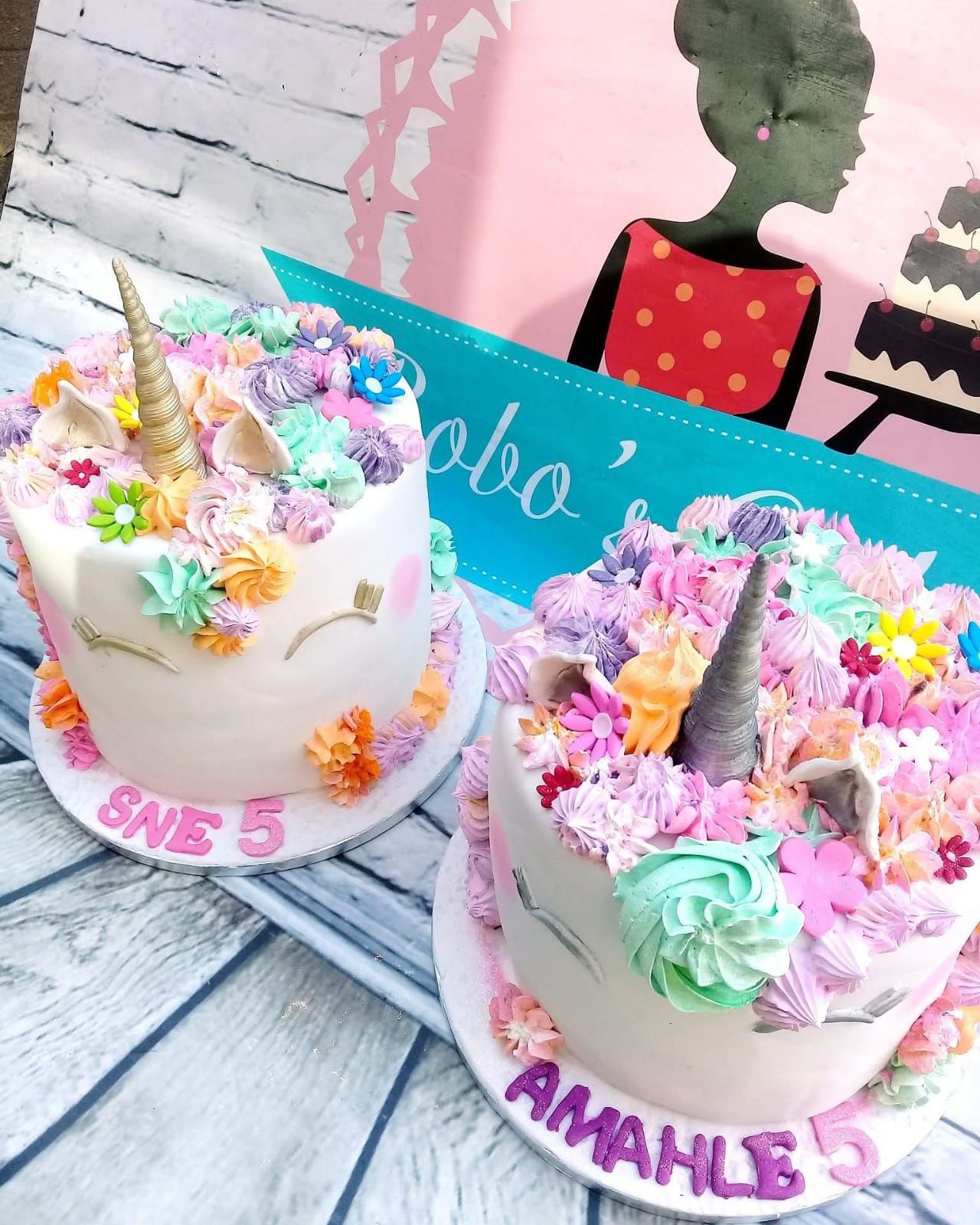 Twin Unicorn Birthday Cakes — baked by Bobo's Cakes & Catering