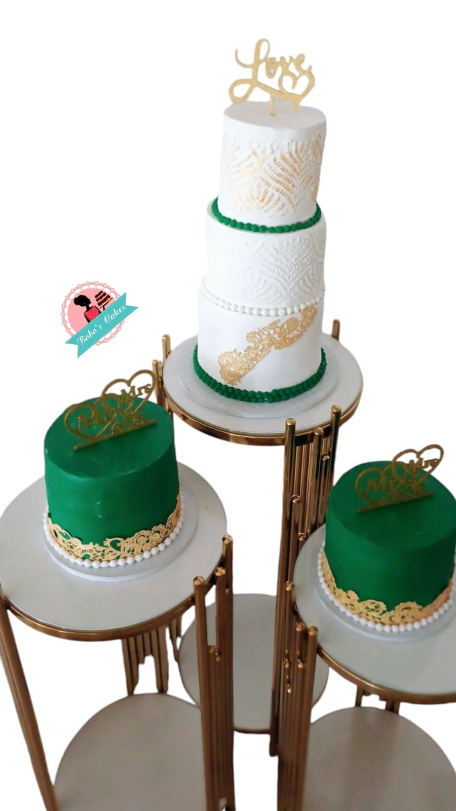 Emerald & Gold Wedding Cake Set — baked by Bobo's Cakes & Catering