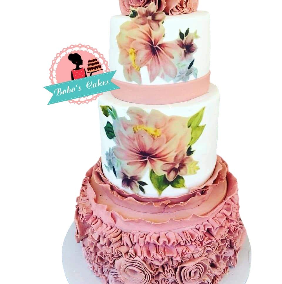 Dusty Pink Ruffle Tiered Cake — baked by Bobo's Cakes & Catering